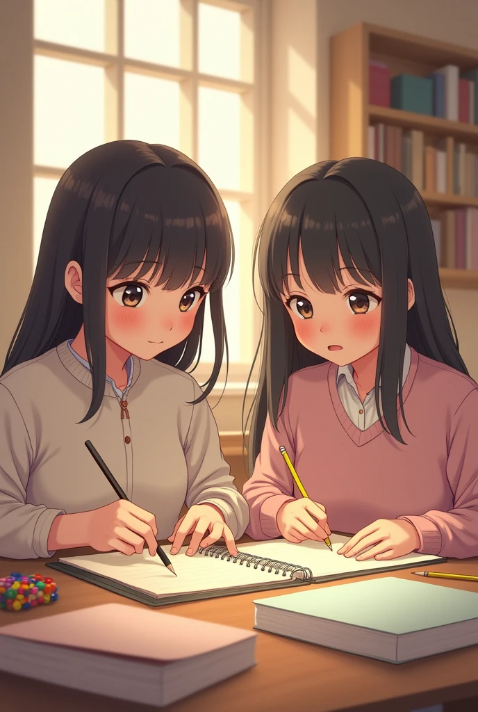 Nancy and Clarita at home, covering folders and labeling pencils.
They are girls Nancy is fat with medium-short straight hair and Clarita is thin with long hair