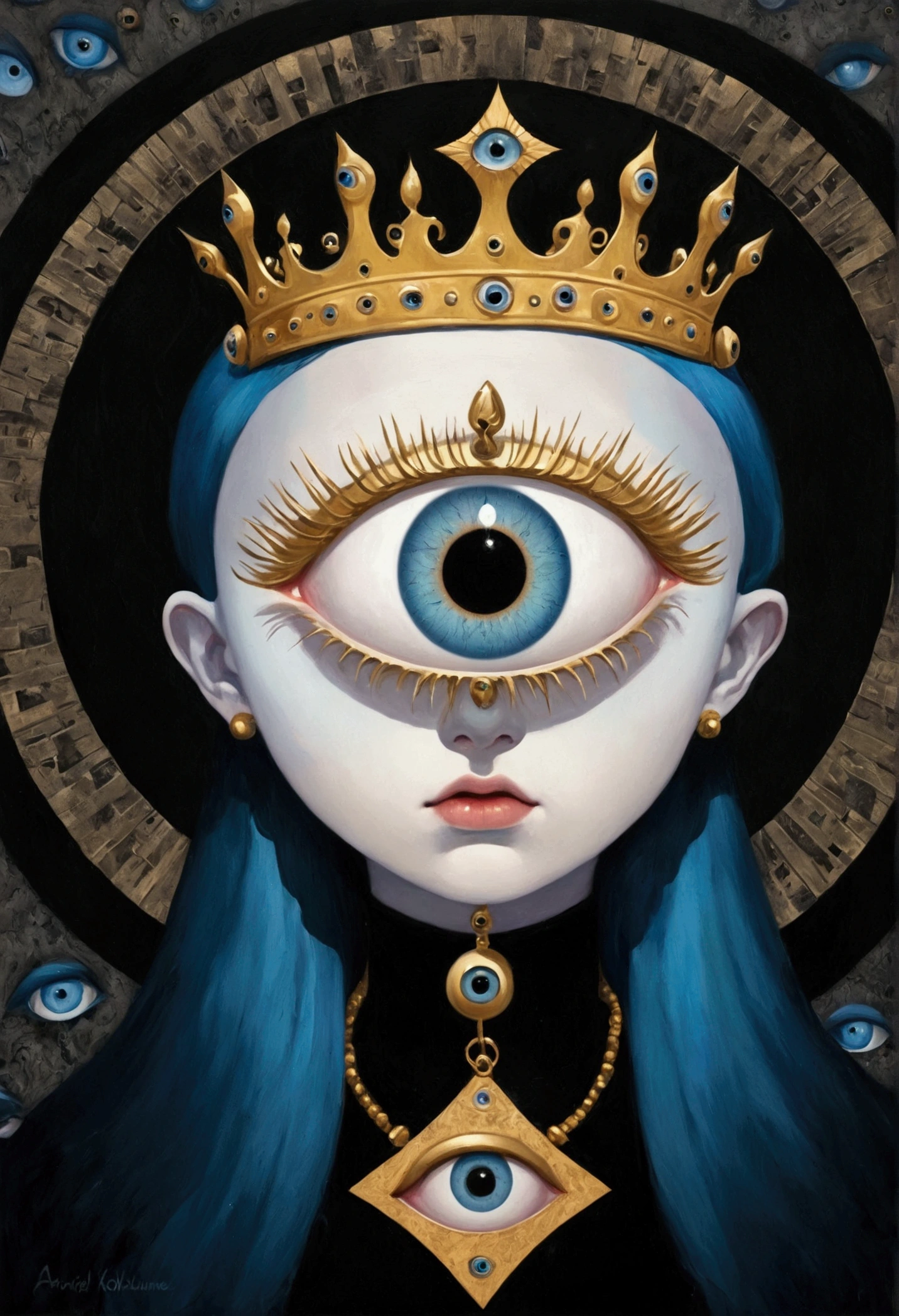 (masterpiece, best quality:1.2),Grotesque Aesthetics:1.56, Ugly faceless person,There are many eyeballs growing on the skin of the face,teeth, Solitary,Shoulder,arm,black background,crown,veil,