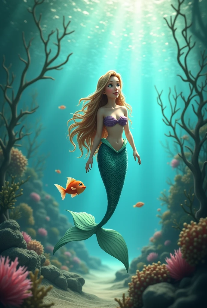 A mermaid dancing gracefully in the depths of the ocean, Disney style, fish all around her, blonde hair, clear blue ocean, detailed, colorful fish, sea plants, line art, vectorized, 8k digital painting.
