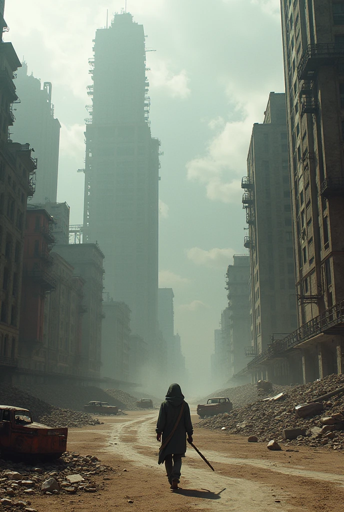 aerial image of a post-apocalyptic North American megalopolis, view of the entire city with many buildings and houses, the city has shades of gray, has smoky structures, environment with smoke and fog around, abandoned and rusty cars on the streets, desert megalopolis, tall buildings collapsing to the ground, There is a leaning building collapsing on the street, many destroyed buildings around, THERE IS A GIRL DRESSED IN A HOOD WALKING DOWN THE STREET, she is walking , as realistic as possible, as detailed as possible