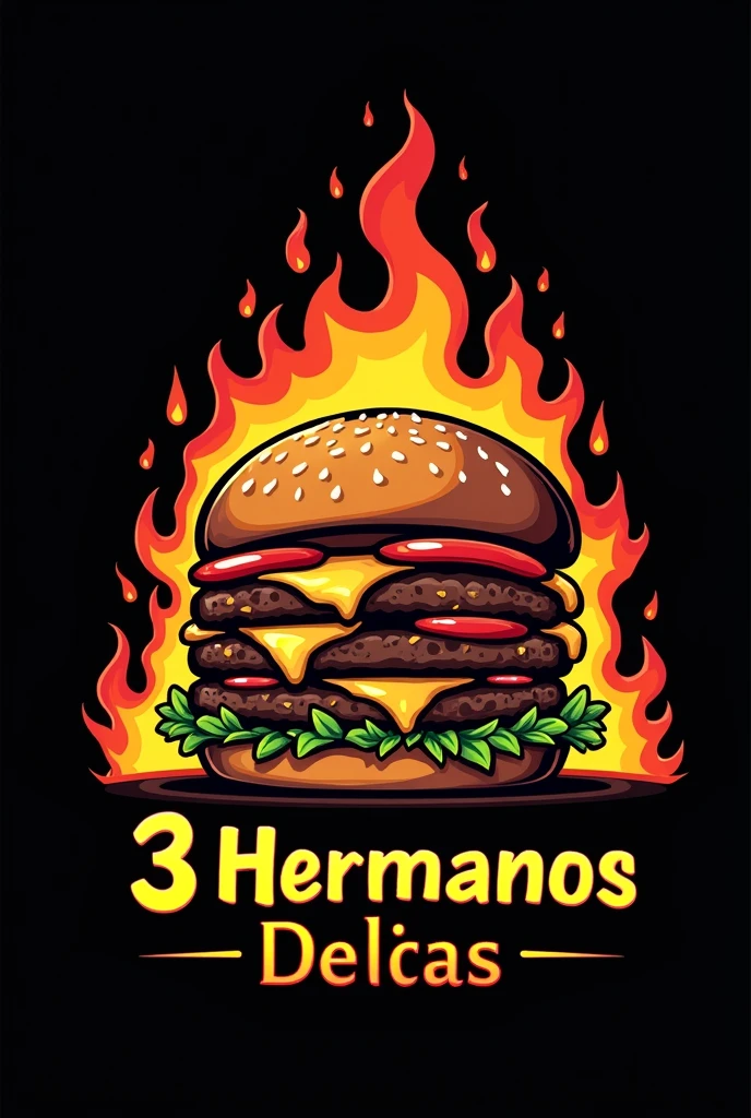 Make me a logo with a drawing of a very juicy and big hamburger with fire coming out of it on a black background and the name of Delicias 3 Hermanos around it (in Spanish)