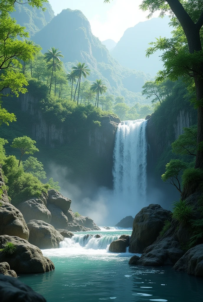 (Masterpiece, Best Quality, High Quality, Highres:1.4), Detailed, Extremely Detailed, Ambient Soft Lighting, 4K,Blurry, Blurry Background, Depth of Field, Bokeh, DOF, Fog, Bloom, Outdoors, (Nature, tropical forest:1.2), (Rocks:1.2), Mountais, Plants, waterfall,