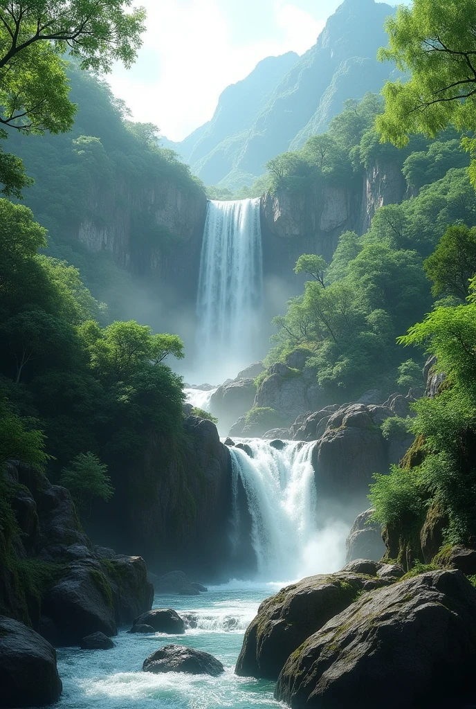 (Masterpiece, Best Quality, High Quality, Highres:1.4), Detailed, Extremely Detailed, Ambient Soft Lighting, 4K,Blurry, Blurry Background, Depth of Field, Bokeh, DOF, Fog, Bloom, Outdoors, (Nature, tropical forest:1.2), (Rocks:1.2), Mountais, Plants, waterfall,