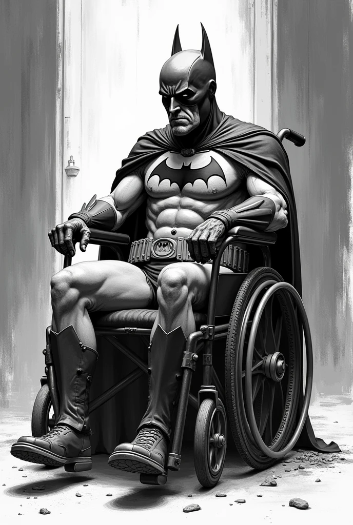 Batman in a wheelchair super old and crazy with gray hair and with a torn Batman costume without a mask. Sad and tired face. Psychiatric center fund. American style black and white drawing