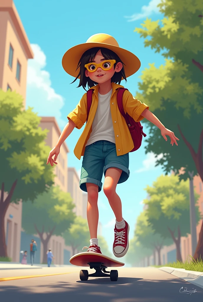 A student on a skate,but is protected from the sun while going to school