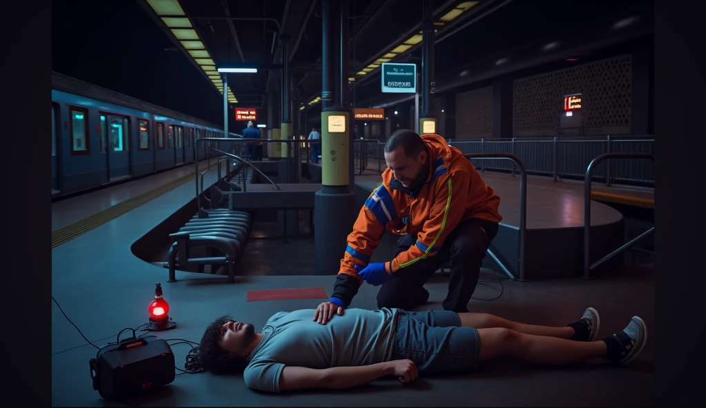Scene at subway station,A subway train passing by in the background,Someone in front is using an AED to rescue the person lying down,VR Promotional Poster,Composite poster,Depth,high quality,reality,Ultra HD