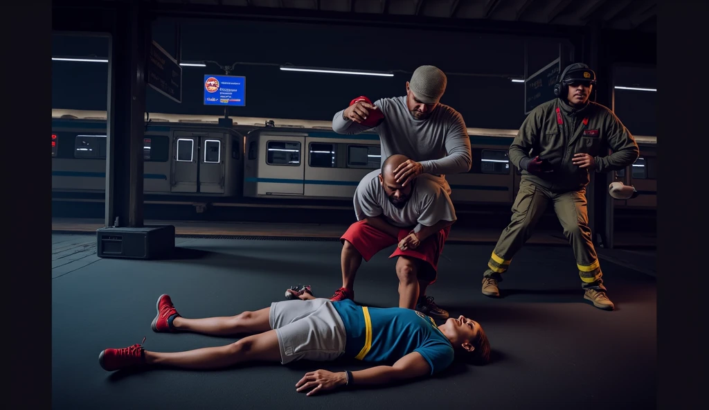 Scene at subway station,A subway train passing by in the background,Someone in front is using an AED to rescue the person lying down,VR Promotional Poster,Composite poster,Depth,high quality,reality,Ultra HD