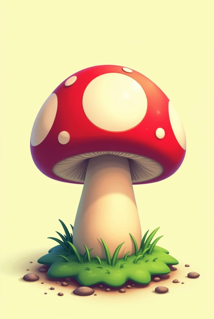 Image of a Mario Bros mushroom with a large one in the middle with a little grass underneath and a light yellow background