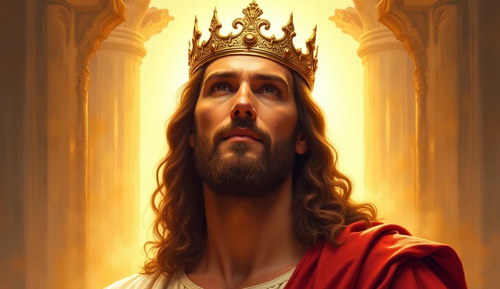 Jesus with a king&#39;s crown on his head, JesusChrist, the lord and savior, portrait of JesusChrist, Jesus of Nazareth, brilliant light masterpiece, jesus, greg olsen, king of kings, beautiful image already created, Bright halo above your head, sua mente contemplando a eternidade, glorious light,!! with a serene look and a slight smile!
