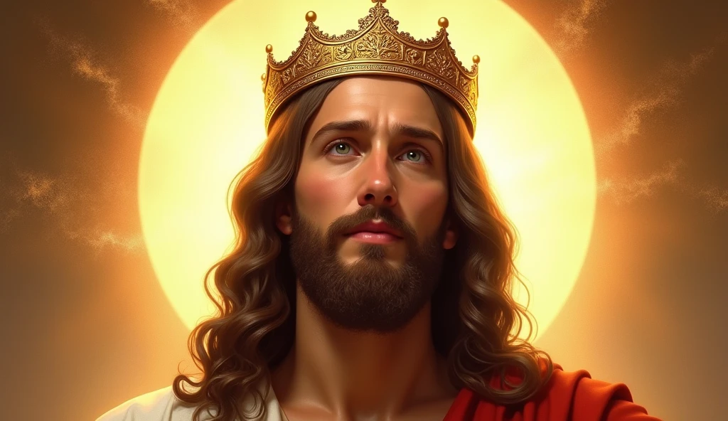 Jesus with a king&#39;s crown on his head, JesusChrist, the lord and savior, portrait of JesusChrist, Jesus of Nazareth, brilliant light masterpiece, jesus, greg olsen, king of kings, beautiful image already created, Bright halo above your head, sua mente contemplando a eternidade, glorious light,!! with a serene look and a slight smile!
