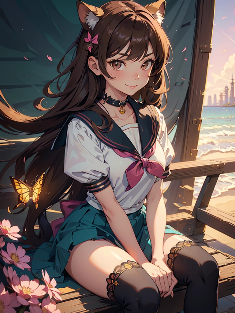 masterpiece, high quality, standing, 1_women, (upper body), (((looking at viewer))), (bright brownhair), long length hair, cute bangs, flowing hair, (exotic skin_complexion:1.4),mature, tall, diamond shaped eyes, (((brown eyes))), dark_eyeliner, long_eyelashes), beautiful, exotic, elegant, (((sailor collar))), black thigh highs, medium bust,, pink and teal ta style skirt, knee high heel with laces, natural dynamic lighting, ((smirking)), lolisakura bright sky,cat ears, butterflies, brown hair, sitting down, beach, hair bows