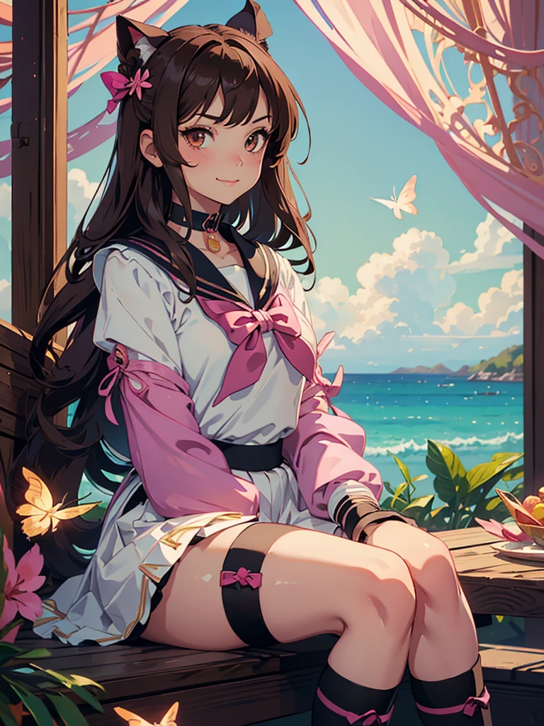 masterpiece, high quality, standing, 1_women, (upper body), (((looking at viewer))), (bright brownhair), long length hair, cute bangs, flowing hair, (exotic skin_complexion:1.4),mature, tall, diamond shaped eyes, (((brown eyes))), dark_eyeliner, long_eyelashes), beautiful, exotic, elegant, (((sailor collar))), black thigh highs, medium bust,, pink and teal ta style skirt, knee high heel with laces, natural dynamic lighting, ((smirking)), lolisakura bright sky,cat ears, butterflies, brown hair, sitting down, beach, hair bows