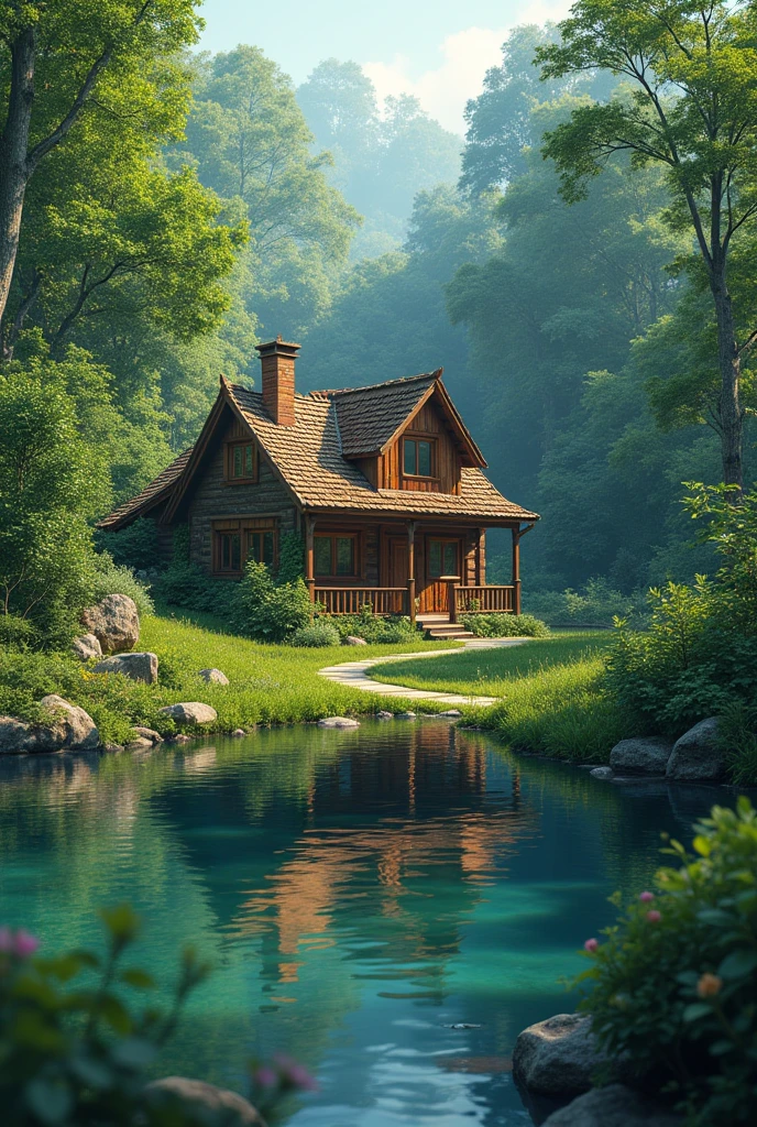 a wallpaper based on forest and nature, a wood house in the back, a small lake somewhere
