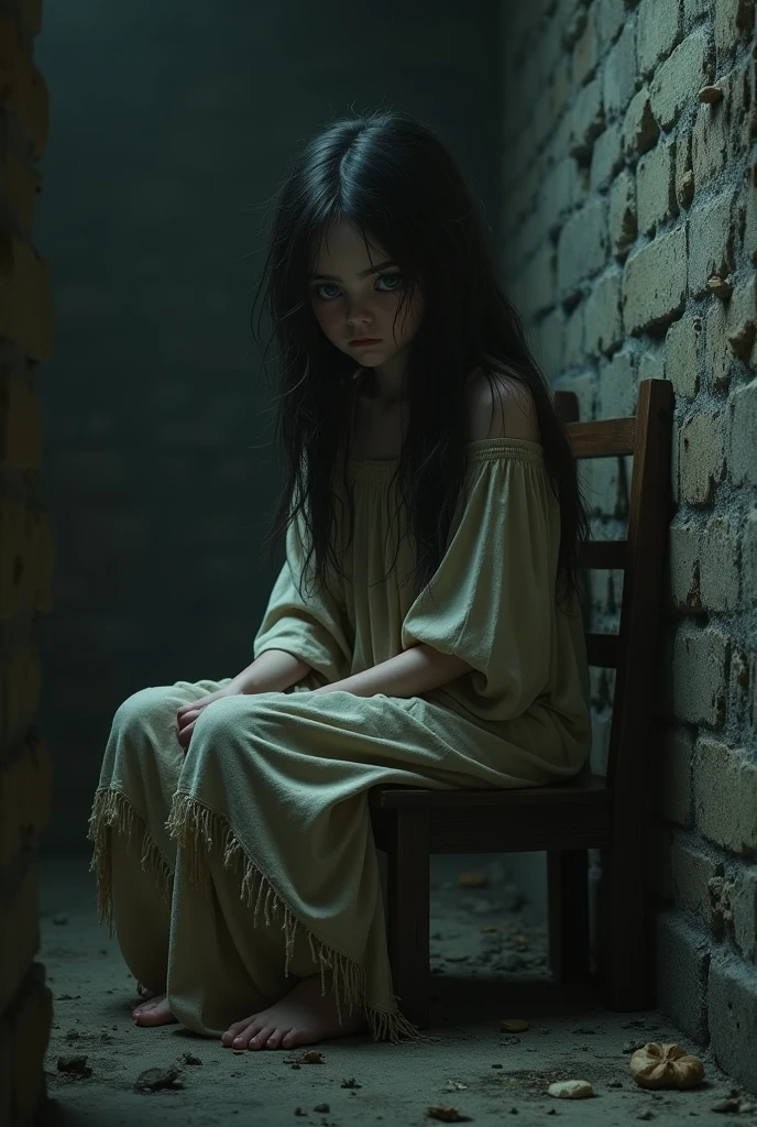 The girl was sitting on the floor crying. Scary looking, long, disheveled hair, wearing a white dress. His hand was holding a blood-stained dagger. No shoes, pale skin