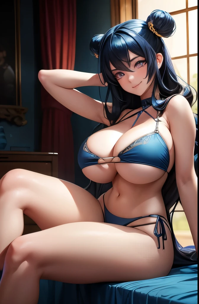 Anime, a glamour shot of a smiling waifu (extremely long blue wavy hair), cupping her breast, big ass, Sitting demurely with her legs crossed on her bed, leaning toward the viewer, cowgirl, with hooded Smokey eyes and knowing smile, heavy eyeshadow and mascara, underboob, side boob, insanely detailed face and eyes, intricate, hyper-detailed bedroom, digital illustration, masterpiece, beautiful eyes, atmospheric lighting, centered, perfect anatomy, glowing eyes, candid portrait, clear, very detailed, smooth, sharp focus, focused on the viewer