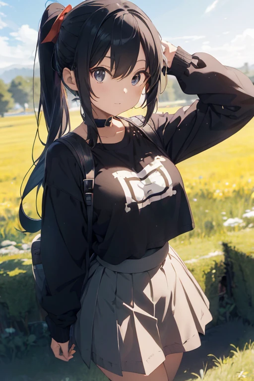 anime girl with a rock on shirt and skirt standing in a field, computer art, a stock photo, inspired by Riusuke Fukahori, render of a cute 3d anime girl, black anime manga girl, anime vtuber full body model, 3d anime girl, roblox avatar