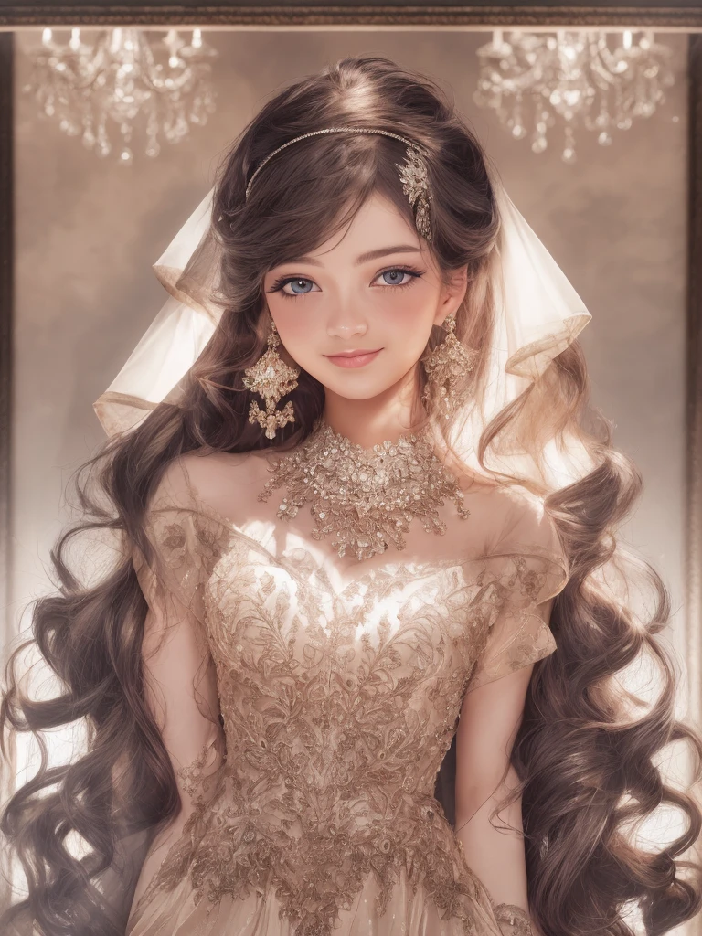 elegance versus eligance, 1girl, beautiful detailed eyes, beautiful detailed lips, extremely detailed face and portrait, delicate features, serene expression, long flowing hair, intricate jewelry, ornate headpiece, luxurious clothing, flowing gown, shimmering fabric, dramatic lighting, warm color palette, chiaroscuro, cinematic composition, photorealistic, 8k, hyper detailed, masterpiece, smiling