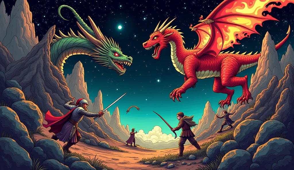 cosmic psychadelic poster, a doodle style artwork, aerial view. Fantasy adventure scene, dragon breathing fire, knight with sword and shield, elven archer aiming, wizard channeling magic, all characters fighting together, Lord of the Rings inspired The background is a black.