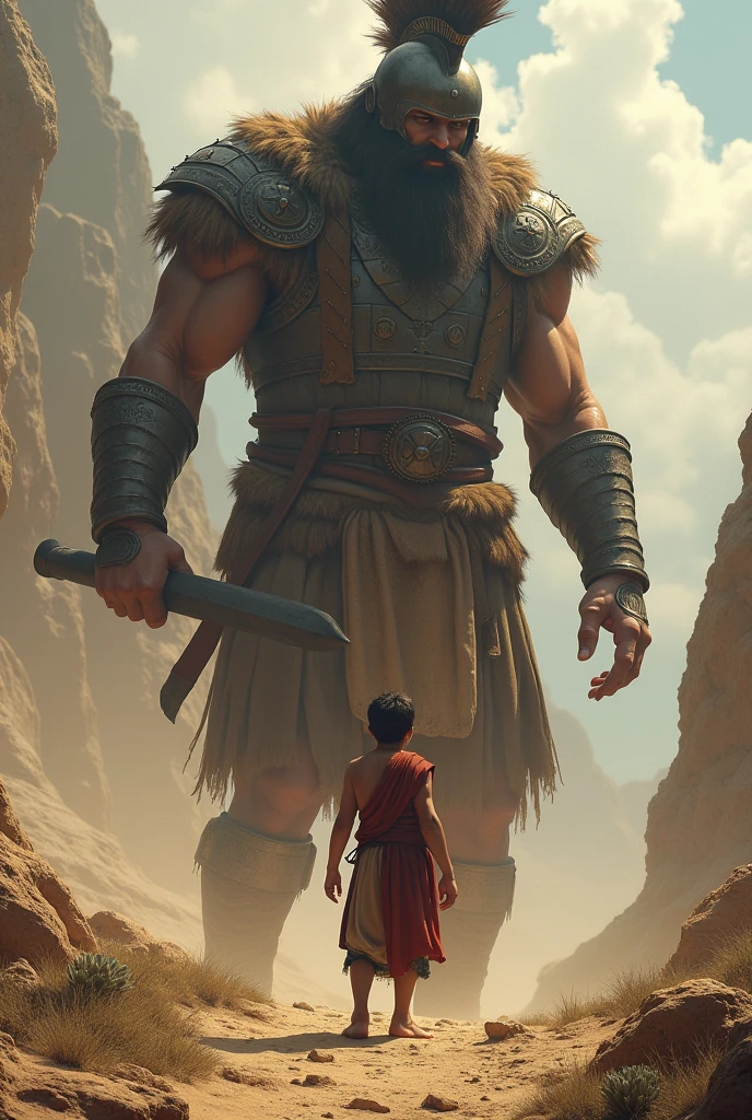I want an image of David with a sling in his hand and facing the giant