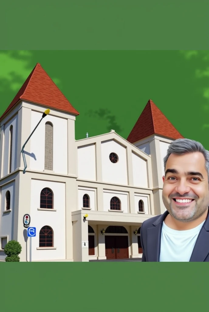 Draw man used in the tip image next to church, disney style image, background with blue sky  
