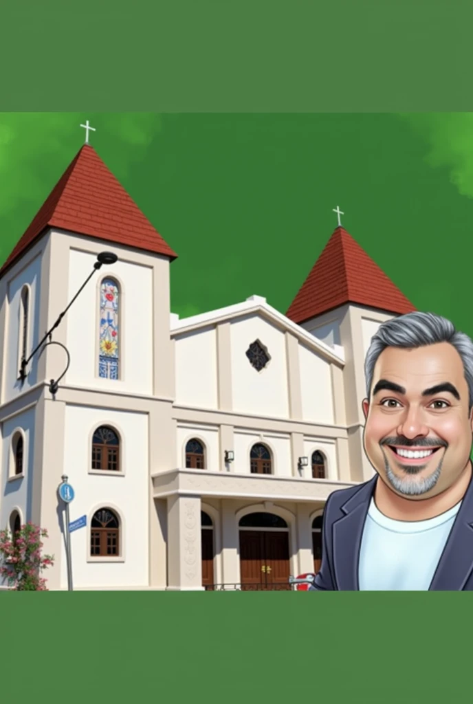 Draw man used in the tip image next to church, disney style image, background with blue sky  