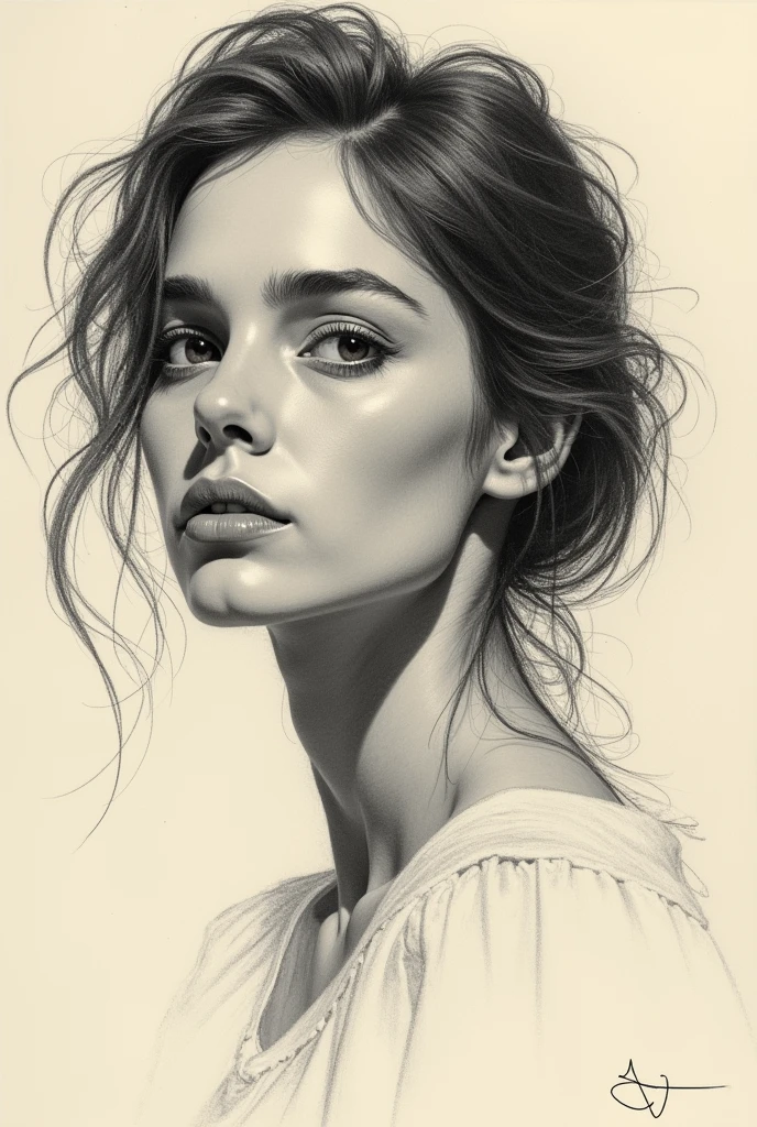 A stunning freehand sketch of a woman's portrait, masterfully rendered in conté crayon and charcoal. The subject has a thoughtful expression, the head tilted slightly, and his gaze lost in contemplation. The low contrast, faded appearance gives the portrait a nostalgic feel, with clear, blurred lines that look like they've been smudged with a finger. The subtle play of shadows and light adds depth to the sketch., showing the artist's exceptional mastery of the technique., painting-like, illustration