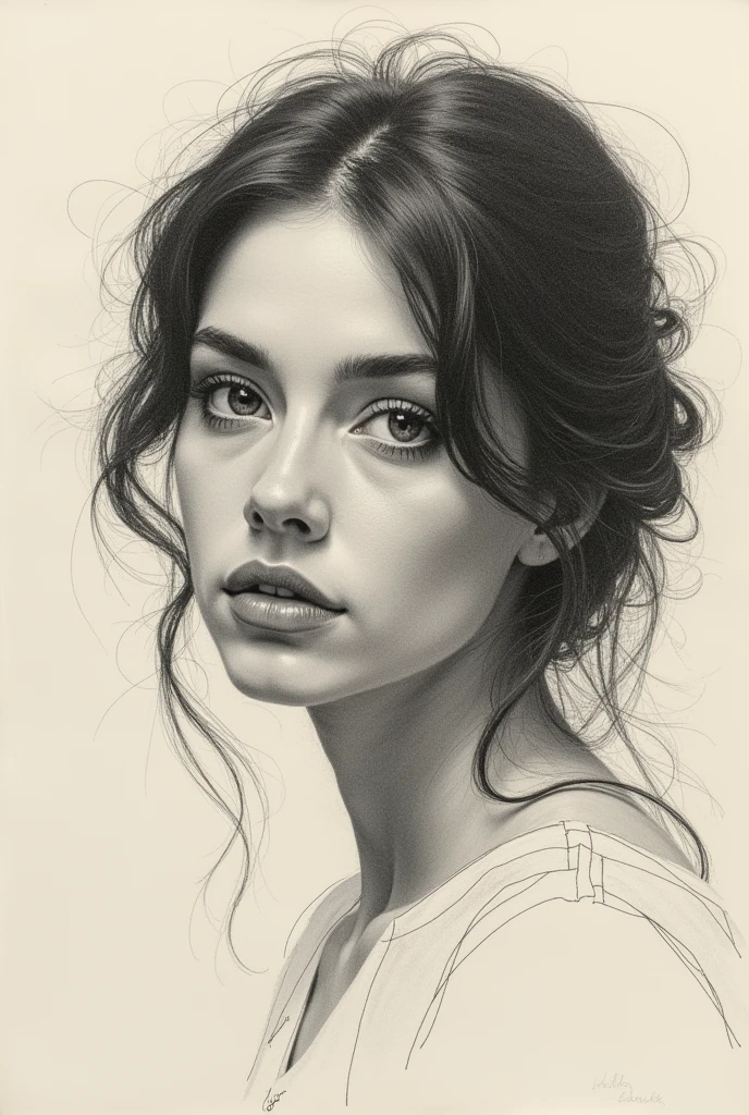 A stunning freehand sketch of a woman&#39;s portrait, masterfully rendered in conté crayon and charcoal. The subject has a thoughtful expression, the head tilted slightly, and his gaze lost in contemplation. The low contrast, faded appearance gives the portrait a nostalgic feel, with clear, blurred lines that look like they&#39;ve been smudged with a finger. The subtle play of shadows and light adds depth to the sketch., showing the artist&#39;s exceptional mastery of the technique., painting-like, illustration