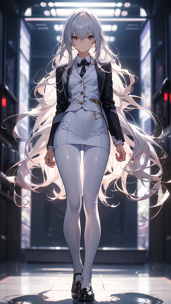 Perfect quality，Perfect body proportions，Long legs，student，jk outfit，whole body，Long curly hair，Standing picture，White，Small suit，sexly, Pantyhose，perspective，transparent，