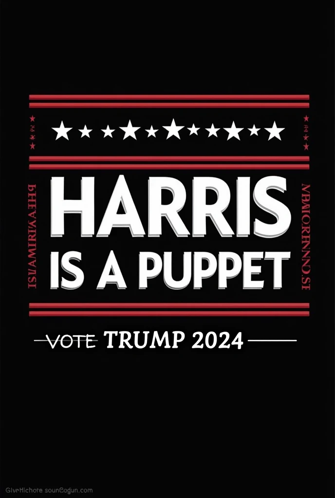 A bold political statement design featuring the text "HARRIS IS A PUPPET" in large, uppercase white letters. The text is centered and framed by red horizontal lines above and below, with white stars evenly spaced within the red lines, giving it a patriotic look. Below this main message, the text "VOTE TRUMP 2024" is written in a smaller, more elegant script font, also in white. The background is black, creating a strong contrast that makes the message stand out. The design combines a serious, impactful tone with a touch of campaign style, urging viewers to support Trump in the 2024 election. white background