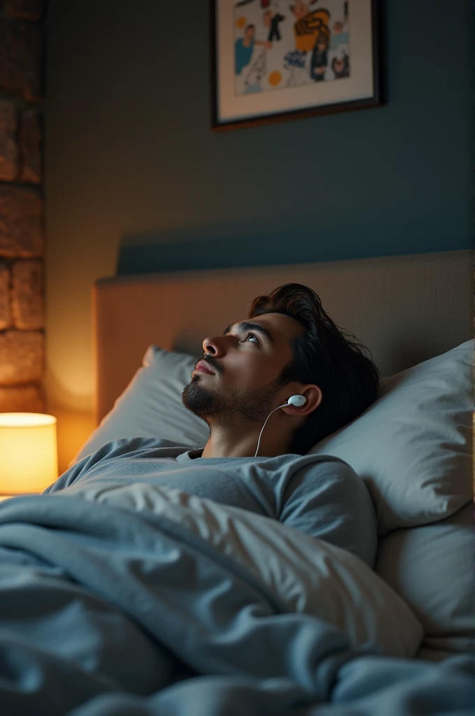 person laying in bed with earbuds in looking at there ceiling