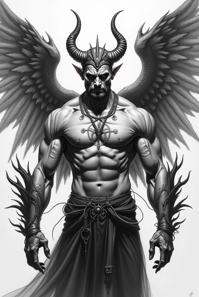 Create a black and white drawing of a half human body and a cyborg on the side with demonic wings and angelic wings and a crown and horns and that on the face a psychopathic smile is shown and on the chest it has a tattoo of the Taurus zodiac sign and in the center of it the sign of the mark of sacrifice that has a physique of a water god and a beauty of a Greek god