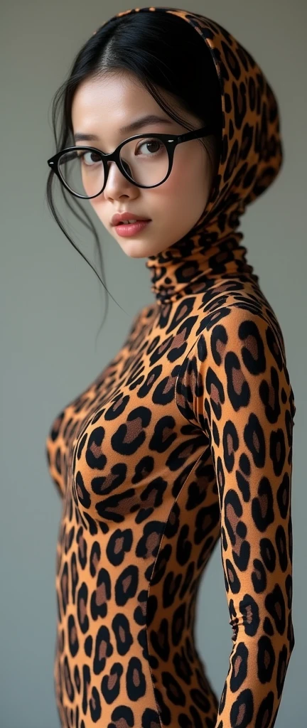 A beautiful and thin chinese contortion girl wearing a pair of glasses wears leopard print lycra turtleneck unitard catsuit.She always wear leopard print lycra dancewear hijab-like costume hood.She is my contortionist.