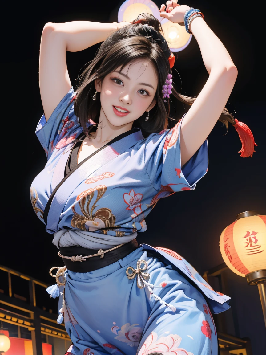 (Japan Bon Odori,最高masterpiece,Highest quality), Hot August,Brown and black bob hair,In the park square,(They dance in a circle around a stage decorated with lanterns.),Bright vibrant anime art,People of all ages and genders dance and dance, Dancing in yukata,Laughing and dancing, Showing white teeth,Men and women dance in a circle, masterpiece,Highest quality,High resolution,