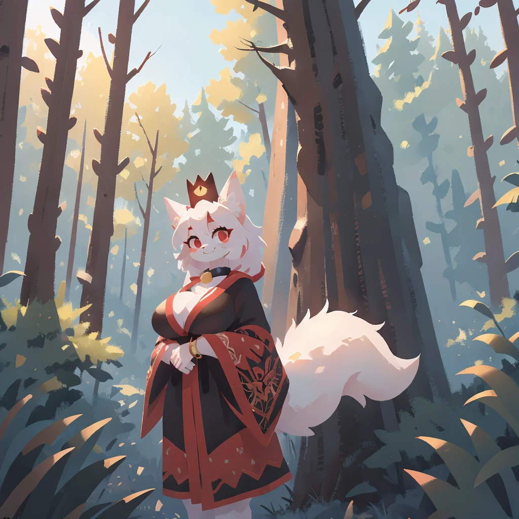 Female white and red kitsune, black crown, big breasts, big thighs, big ass, red patterns on body, 3 white fluffy tails with red tip attached to back of pelvis, Pretty red eyes, white fur tufts, wearing red and black royal robe that covers her chest and thighs and ass, smile,2d,4k,8k,detailed,hi res,absurd res, collar, in forest, happy, facing the camera, standing, bracelet on left arm, tree background, pretty, thicc, mommy, cult leader, Safe For Work, The Red Crown updn