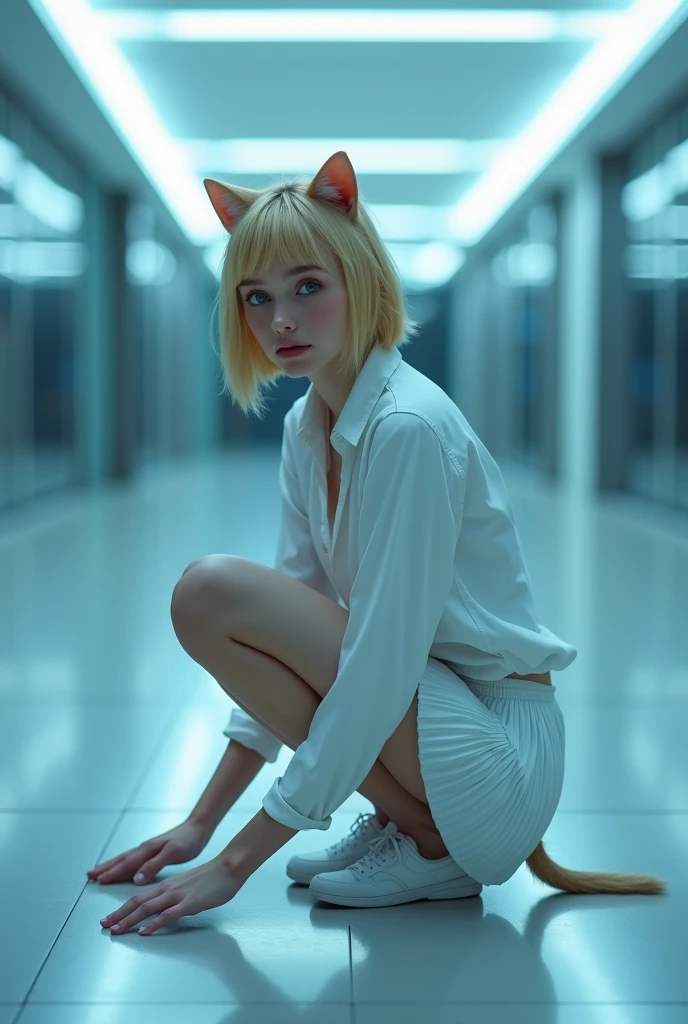 (photorealism:1.2), beautiful woman, swedish, blonde,sad, pensive, assistant, white shirt, pleated skirt, white underwear, 18yo, corporate lobby, white floor and ceiling, blue lighting, hologram, projection,looking at camera, short hair, cat ears, cat tail, crouching