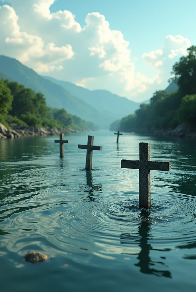 The Guayaquil River located in Ecuador with crosses in the water, Realistic style 