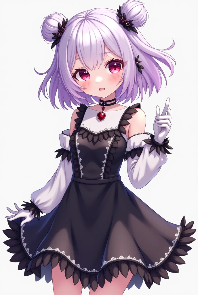 Girl with white hair that fades to purple with short hair with two buns as a hairstyle on the top of her head and the rest of her hair loose. Her eyes are wine-colored with pink with the clothes of 2b from Nier Automata, a black dress with white details. A mole under her right eye that is noticeable in a short black dress., which is decorated with black feathers on the sleeves and white gloves with black finishes and other accessories that allude to ta fashion Under her skirt, She wears a white leotard