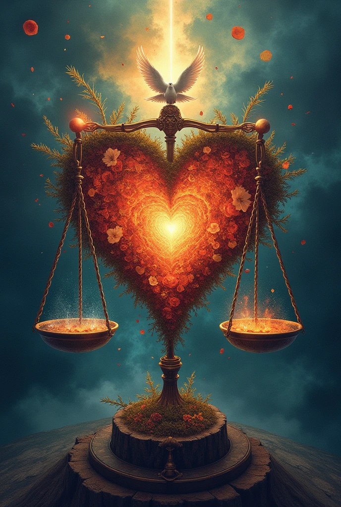 a heart in the center, with a balanced scale inside. One side of the scale could have elements that represent emotions (like fire for anger, drops of water for sadness, etc.), and the other side elements that represent calm and peace (like a dove or a ray of light).