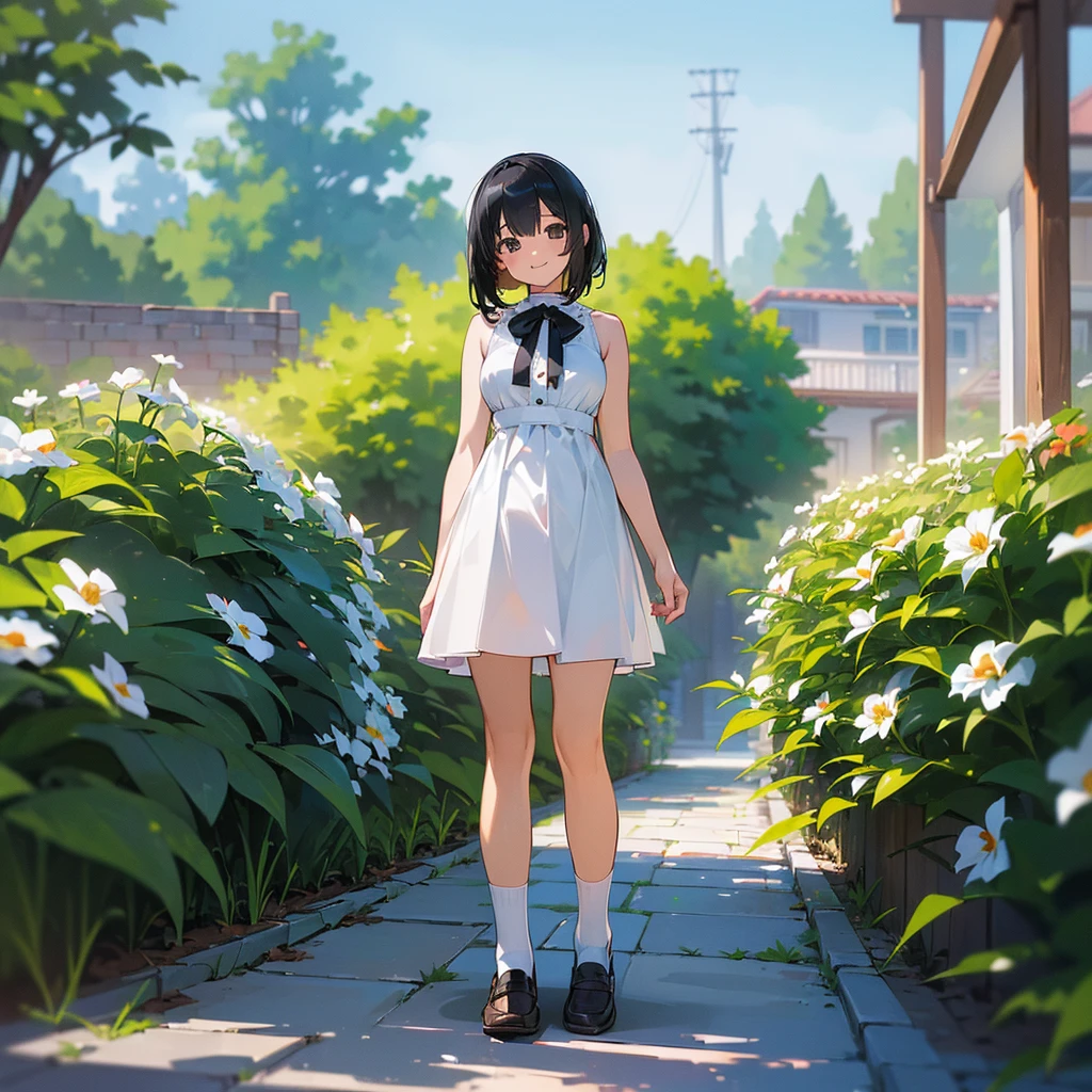 (high quality, High resolution, Very detailed, reality:1.37), Peaceful atmosphere, (Outdoor, garden), Teenage girl standing alone, (my breasts are big.), Beautiful details, Cute Smile, (Black bob hair), White sleeveless dress, White socks, loafers.