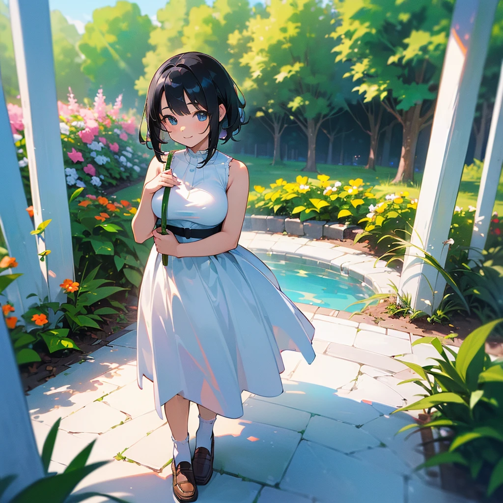 (high quality, High resolution, Very detailed, reality:1.37), Peaceful atmosphere, (Outdoor, garden), Teenage girl standing alone, (my breasts are big.), Beautiful details, Cute Smile, (Black bob hair), White sleeveless dress, White socks, loafers.