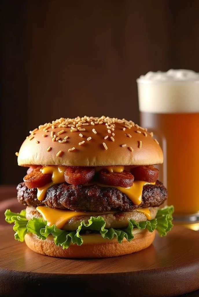 preciso criar uma imagem promotional still, in the style of McDonalds for my college project. I'm doing a project about McDonalds and I need to create a product for the company. Therefore, I need you to create a "pamphlet" promotional still, promoting the franchise's new burger, a special barbecue edition. Follow the instructions below, Por favor:
McChurras is a special edition that brings to McDonald's all the essence of Brazilian barbecue, with authentic ingredients and a combination of flavors that celebrate this tradition so dear to us. We think of this trio as a true tribute to the moments of relaxation and joy that barbecue brings., whether with family or friends, in a proposal that combines quality and flavor in a unique way.
The trio starts with a burger made on a round artisan French bun. In the filling, we have a juicy grilled picanha beef burger, with a smoky touch characteristic of real barbecue. The sandwich also has vinaigrette, lightly toasted curd cheese and plain lettuce to balance.
Those who buy the trio will be able to choose between the famous and irresistible McDonald's fries or a portion of barbecue sausage toasted to perfection., crispy on the outside and soft on the inside.
It is, to truly innovate, We've brought you a drink option that will elevate the McChurras experience: in addition to our traditional soda refills or refreshing juices, the customer can choose a non-alcoholic draft beer refill, bringing the feeling of being at a real barbecue, but in the relaxed and welcoming atmosphere of McDonald's.
