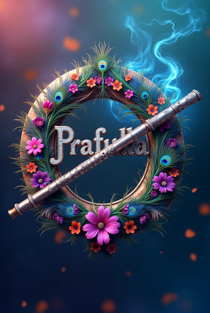 A infinity image vibrant digital artwork featuring the word prafulla in ornate, metallic letters, surrounded by colorful peacock feathers and floral accents. A traditional silver flute is positioned diagonally, with wisps of smoke rising around it. The infinity is a rich blue, enhancing the vivid colors and intricate details of the design.