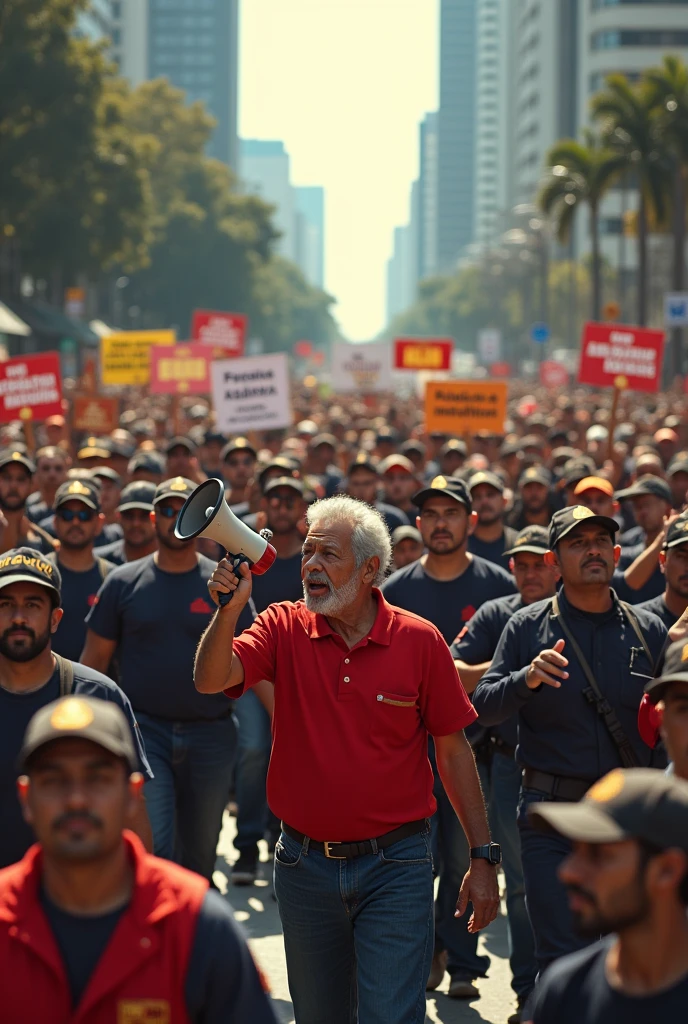 A major industrial strike in ABC Paulista, with thousands of workers marching in the streets, carrying banners and posters. Lula is ahead of the crowd, With a megaphone in his hand. The scene is marked by the presence of police officers and tension, but the workers remain united and determined.