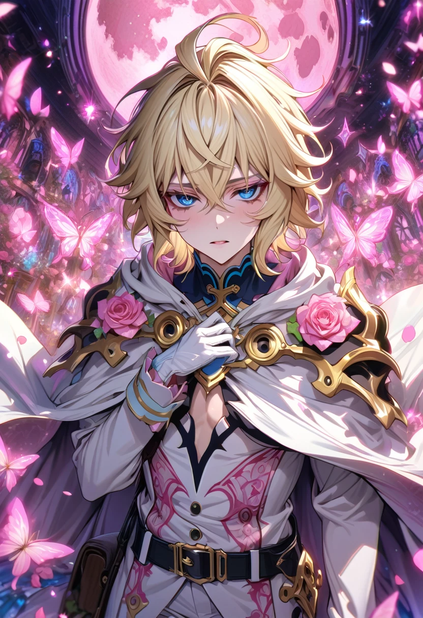 absurdres, highres, ultra detailed, HDR, masterpiece, extremely detailed, detailed eyes, detailed face, Hyakuya Mikaela, blonde hair, expressive blue eyes, Owari No Seraph, solo, sexy man, adult face, handsome, white clothes, white cape, white gloves, black belt, patterns, pink roses, pink petals, fantasy, magical, pink moon, pink glittering butterflies, pink round lights