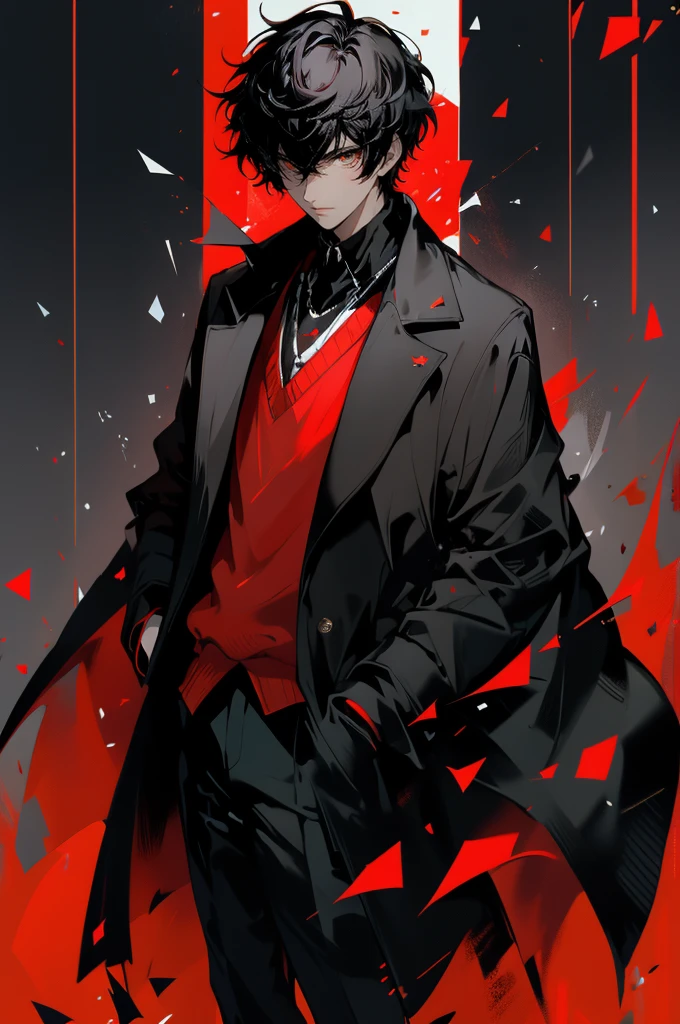 (masterpiece, best quality), black hair, short hair, plant, looking at viewer, red eyes, black coat, long sleeves, indoors, solo focus, standing, 1man, jewelry, hair between eyes, open clothes