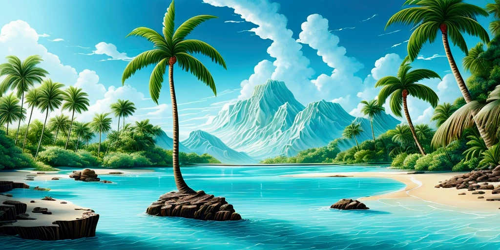create a stunning painting of a beautiful lagoon. A roaring waterfall. Wonderful turquoise water. Lots of palm trees and a breathtaking jungle around the water. The lagoon opens onto a sandy beach and an open sea. In the foreground is a sandy beach.