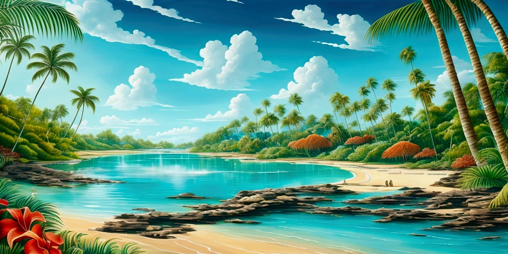 create a stunning painting of a beautiful lagoon. A roaring waterfall. Wonderful turquoise water. Lots of palm trees and a breathtaking jungle around the water. The lagoon opens onto a sandy beach and an open sea. In the foreground is a sandy beach.