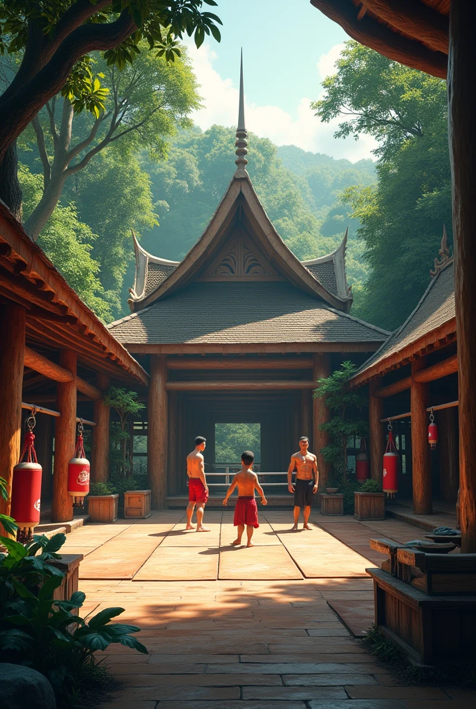 a muay thai gym in traditional thailand, with Thai monuments, an open area, punching bags and tatami. Academy in the forest, with wooden walls with ring and 3 people trained