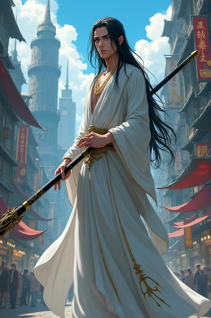 Mature man with black hair, long to the waist, Pale skin and grey eyes without pupils, He wears a white tunic with gold details. He carries a long black and gold spear.. A busy city in the background. Version anime 