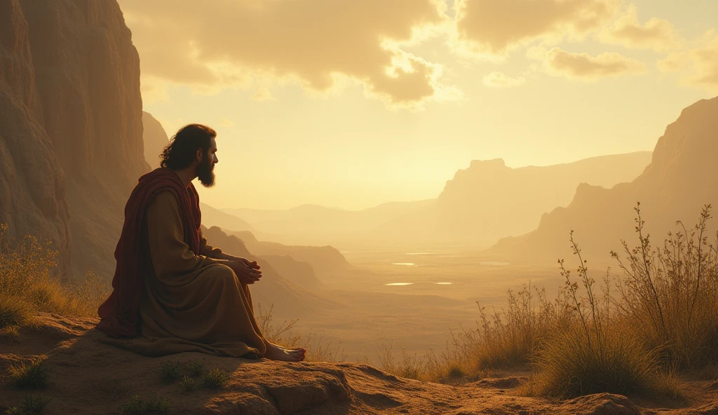 A reflective scene set in an ancient, serene environment, depicting a life before the arrival of Cain—a life filled with hope and simplicity, where the connection with God and creation was the core of existence. In the foreground, a figure is deep in thought, surrounded by the natural beauty of their world, symbolizing a time of purity and divine connection. The atmosphere is peaceful, with soft light illuminating the scene, capturing the sense of introspection and the realization of the importance of choices and their impact on the future. The backdrop shows a vast, untouched landscape, symbolizing the innocence and harmony that once was, as the figure reflects on the lessons of the past and the ever-present pursuit of God's purpose in every moment of life.